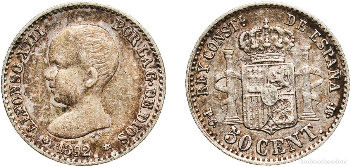Monedas de Espa&ntilde;a: Spain Kingdom 1892 9-2 PGM 50 Centimos - Alfonso XIII (1st portrait) Silver (.835) Madrid Mint 2.5