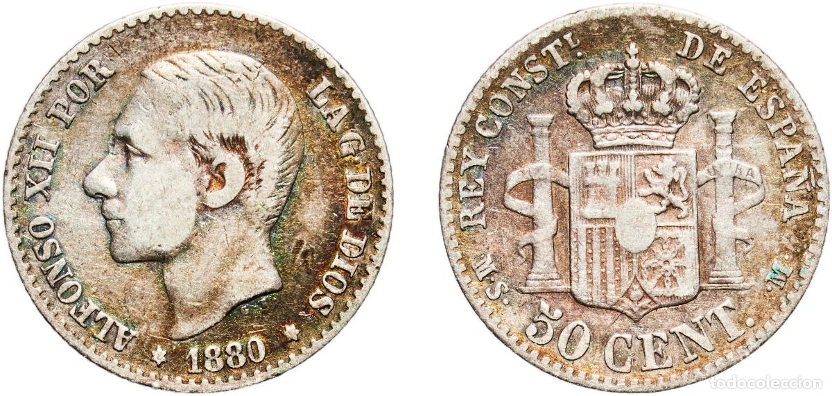 Monedas de Espa&ntilde;a: Spain Kingdom 1880 8-0 MSM 50 Centimos - Alfonso XII Silver (.835) Madrid Mint (2787000) 2.48g VF