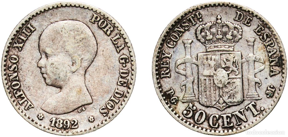 Monedas de Espa&ntilde;a: Spain Kingdom 1892 9-2 PGM 50 Centimos - Alfonso XIII (1st portrait) Silver (.835) Madrid Mint (39