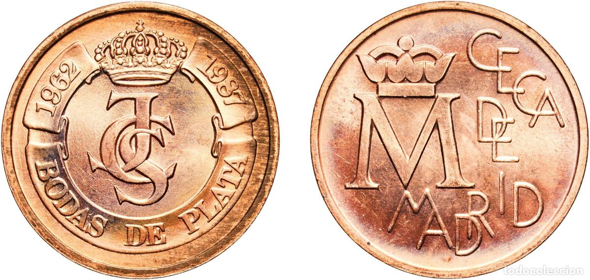 Monedas de Espa&ntilde;a: Spain Kingdom 1987 M Medal - XXV anniversary of royal wedding Copper Madrid Mint 15.11g UNC