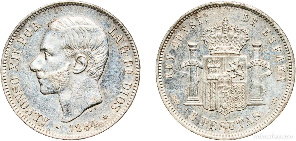 Monedas de Espa&ntilde;a: Spain Kingdom 1884 18-84 MSM 5 Pesetas - Alfonso XII (3rd portrait) Silver (.900) Madrid Mint (584