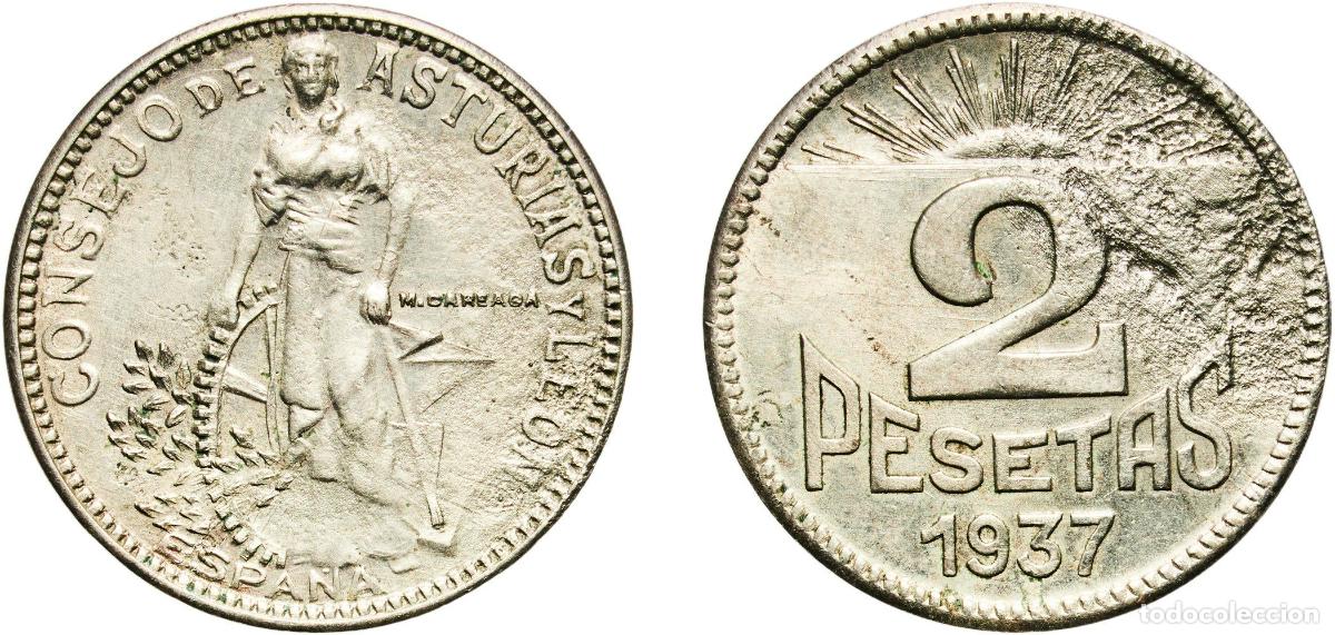 Monedas de Espa&ntilde;a: Spain Asturias and Le&oacute;n, Provinces of Spanish states 1937 2 Pesetas (Asturias and Le&oacute;n) Copper-nick