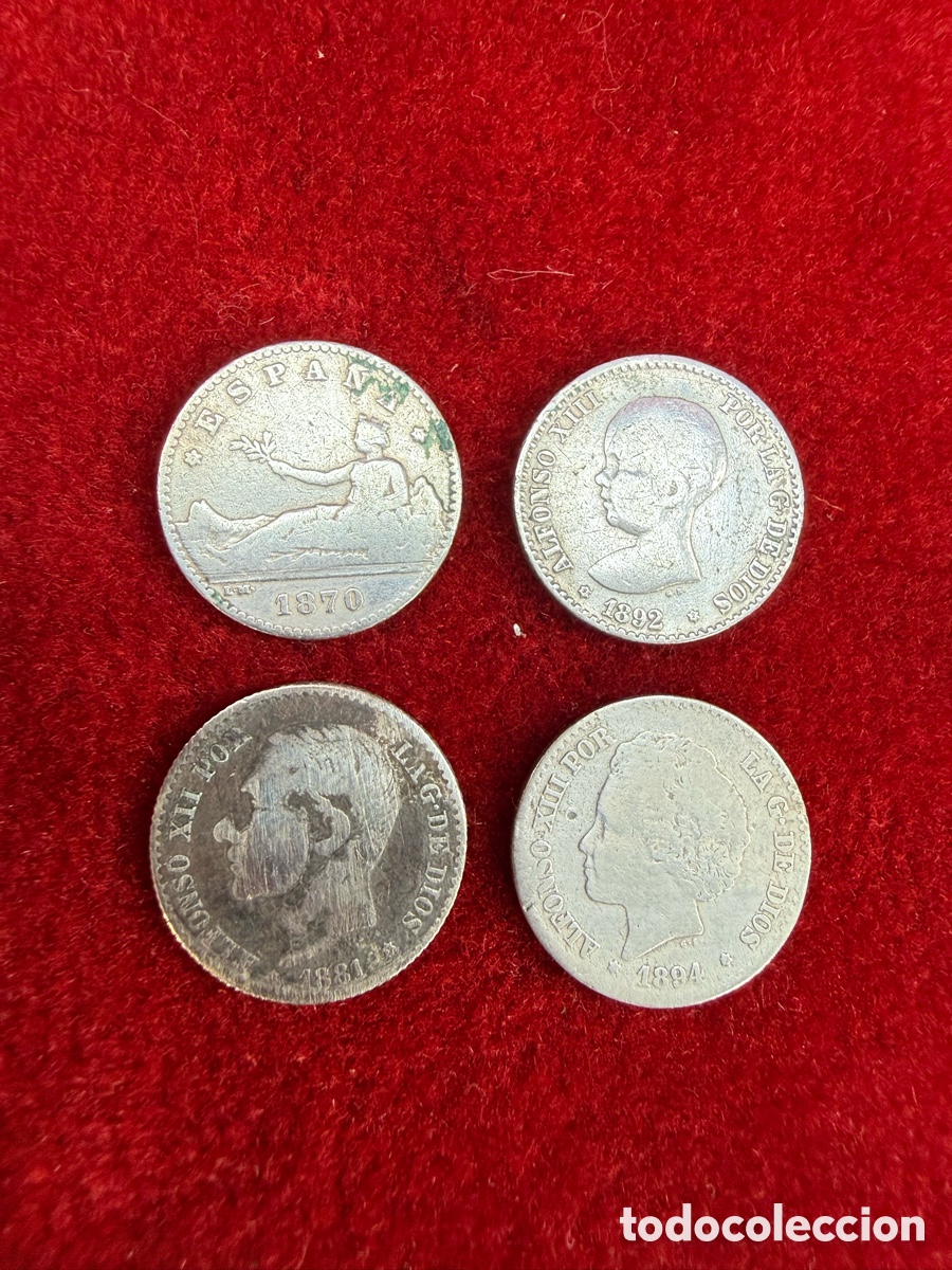 Monedas de Espa&ntilde;a: Lote de 4 antiguas monedas de plata,1870-1894!
