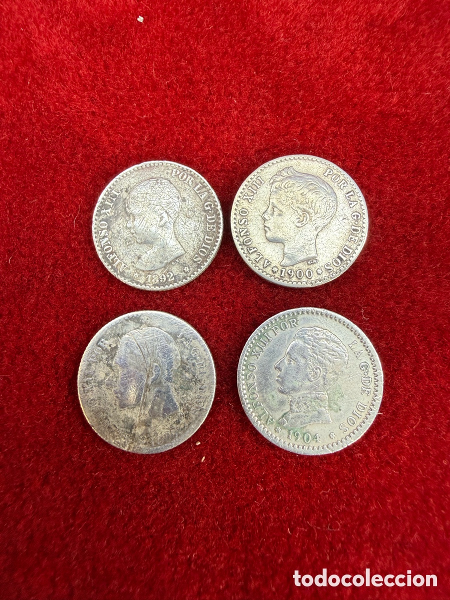 Monedas de Espa&ntilde;a: Lote de 4 monedas antiguas de plata,1880-1904!