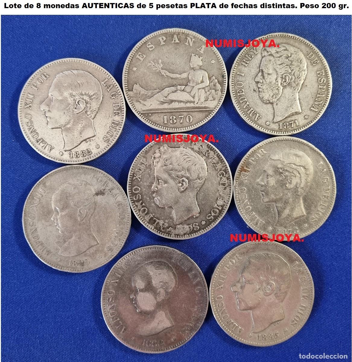 Monedas de Espa&ntilde;a: PLATA INVERSI&Oacute;N. Lote de 8 monedas AUTENTICAS PLATA de 5 Pesetas FECHAS DISTINTAS 200 gr.