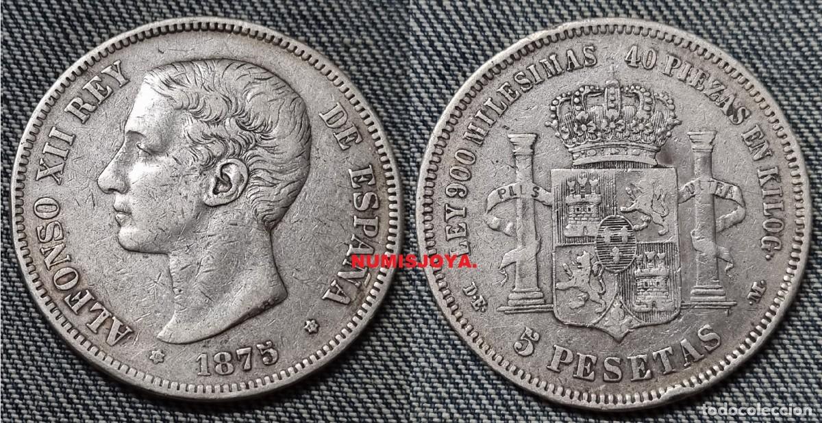 Monedas de Espa&ntilde;a: ALFONSO XII. 5 pesetas PLATA a&ntilde;o 1875*1875. Peso 24,79 gr. Bonita en MBC.