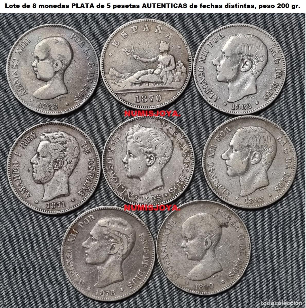 Coins of Spain: PLATA INVERSI&Oacute;N. Lote de 8 monedas AUTENTICAS PLATA de 5 Pesetas FECHAS DISTINTAS 200 gr.