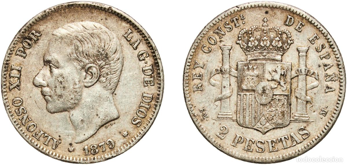 Monedas de Espa&ntilde;a: Spain Kingdom 1879 EMM 2 Pesetas - Alfonso XII Silver (.835) Madrid Mint (5578225) 10g XF KM 678.1