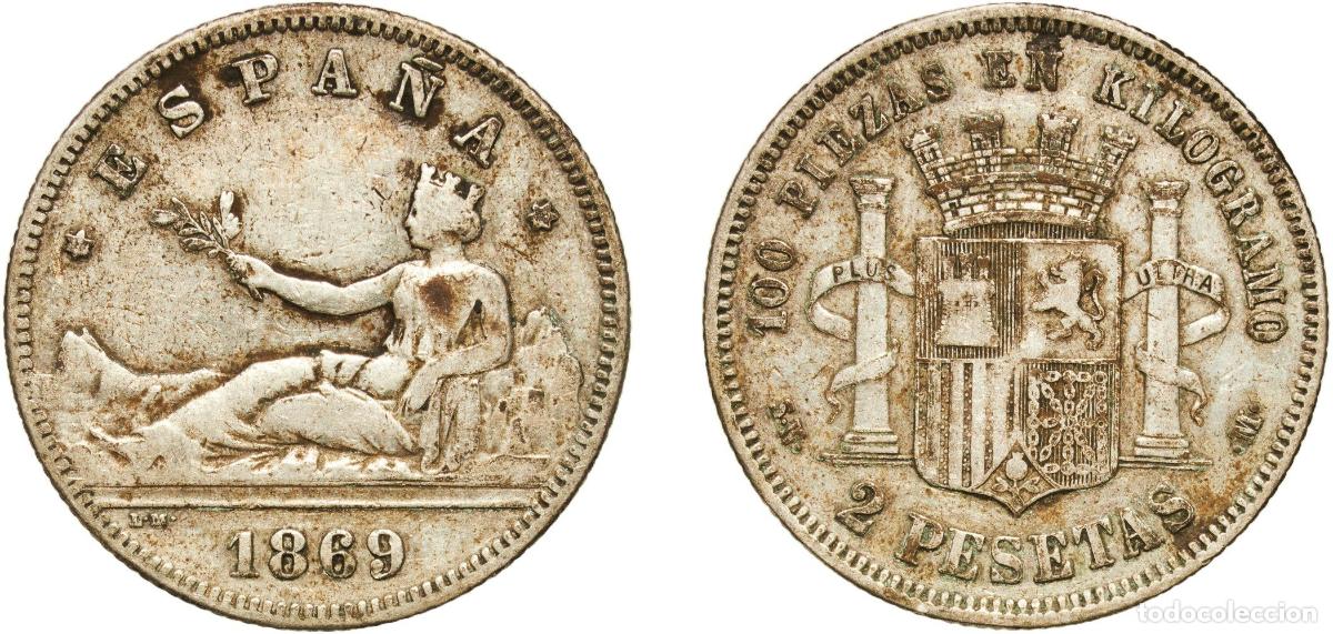 Monedas de Espa&ntilde;a: Spain Provisional Government 1869 18-69 SNM 2 Pesetas - Provisional Government Silver (.835) Madri