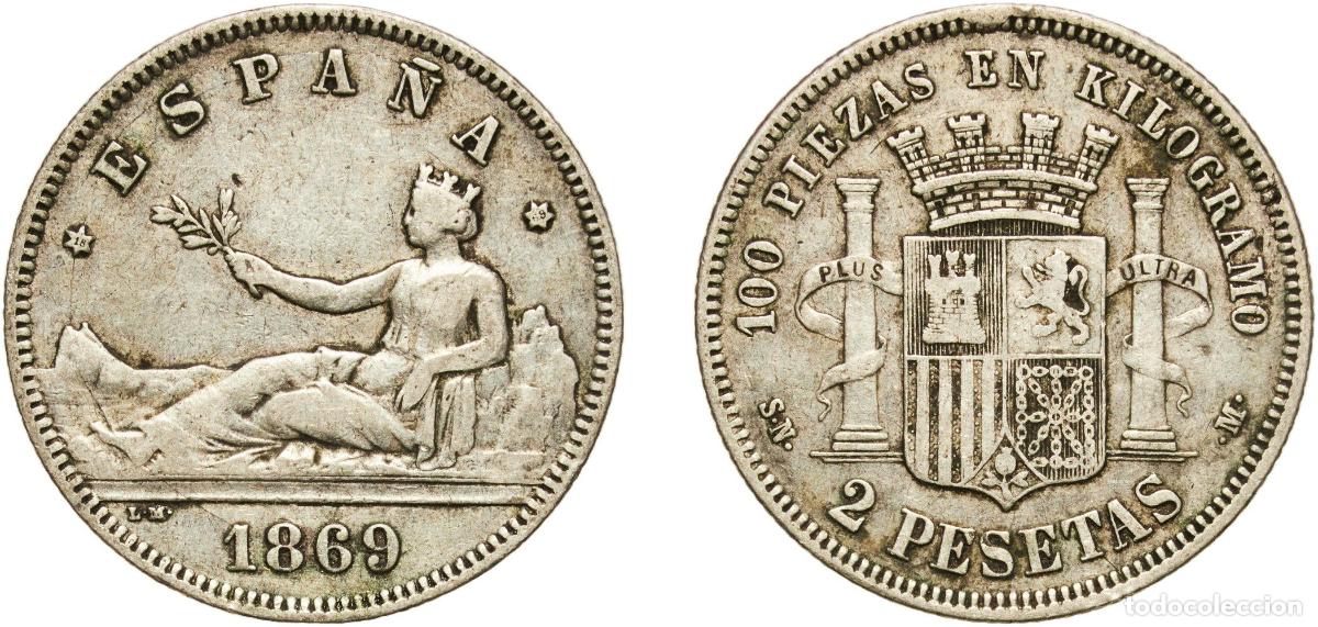 Monedas de Espa&ntilde;a: Spain Provisional Government 1869 18-69 SNM 2 Pesetas - Provisional Government Silver (.835) Madri