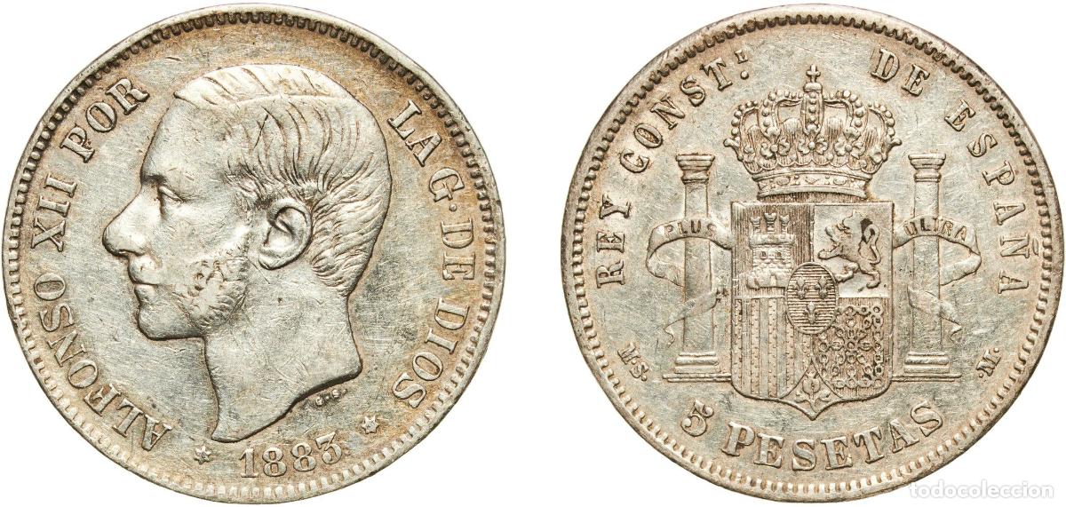 Monedas de Espa&ntilde;a: Spain Kingdom 1883 18-83 MSM 5 Pesetas - Alfonso XII (3rd portrait) Silver (.900) Madrid Mint 25.1