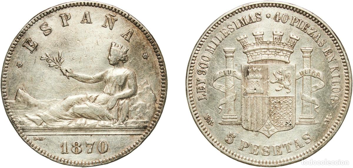 Monedas de Espa&ntilde;a: Spain Provisional Government 1870 18-70 SNM 5 Pesetas - Provisional Government Silver (.900) Madri