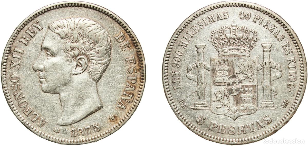 Monedas de Espa&ntilde;a: Spain Kingdom 1875 ??-75 DEM 5 Pesetas - Alfonso XII (1st portrait;legend in edge) Silver (.900) M