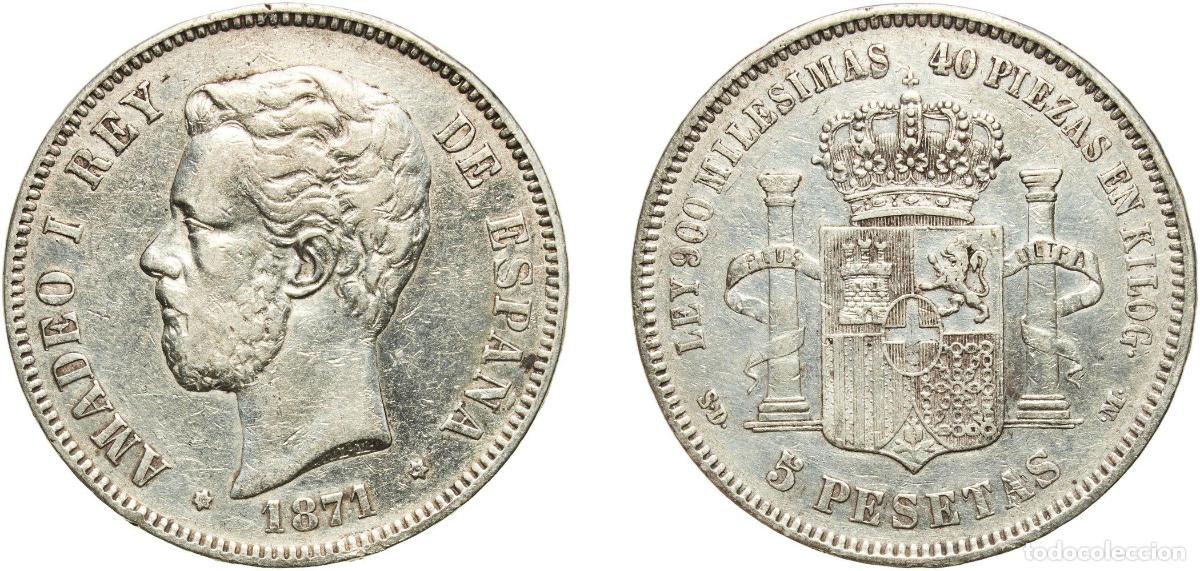 Monedas de Espa&ntilde;a: Spain Kingdom 1871 18-71 SDM 5 Pesetas - Amadeo I Silver (.900) Madrid Mint (13641162) 24.84g VF C