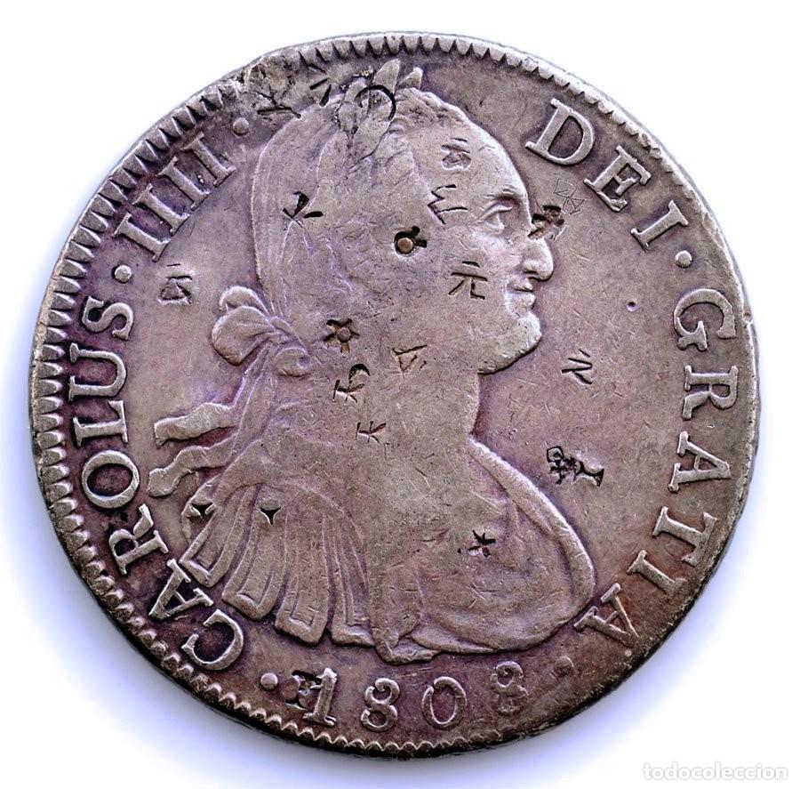 Monedas de Espa&ntilde;a: SC-Spain-Carlos IV. 8 reales 1808 FM. M&eacute;xico.&rdquo; Multiples Resellos&rdquo; Plata 26,8 g.
