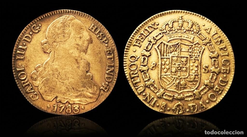 Monedas de Espa&ntilde;a: Espa&ntilde;a Carlos III - 8 Escudos 1783 DA Santiago Km 27 Oro