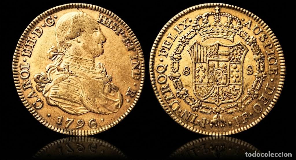Monedas de Espa&ntilde;a: Espa&ntilde;a Carlos IV - 8 Escudos 1796 JF Popay&aacute;n Km 62 Oro