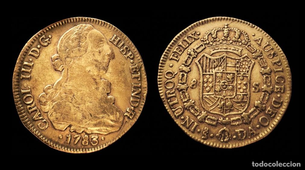 Monedas de Espa&ntilde;a: Espa&ntilde;a Carlos III - 8 Escudos 1783 DA Santiago Km 27 Oro