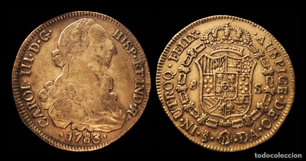 Monedas de Espa&ntilde;a: Espa&ntilde;a Carlos III - 8 Escudos 1783 DA Santiago Km 27 Oro