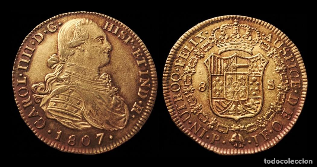 Monedas de Espa&ntilde;a: Espa&ntilde;a Carlos IV - 8 Escudos 1807 JF Popay&aacute;n Km 62 Oro