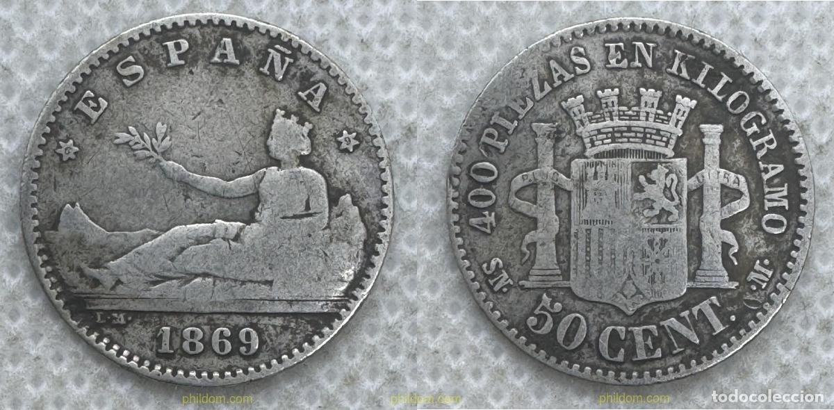 Monedas de Espa&ntilde;a: 5488 ESPA&Ntilde;A 1869 50 CENTIMOS Gobierno Provisional 1869 6-9 SN M