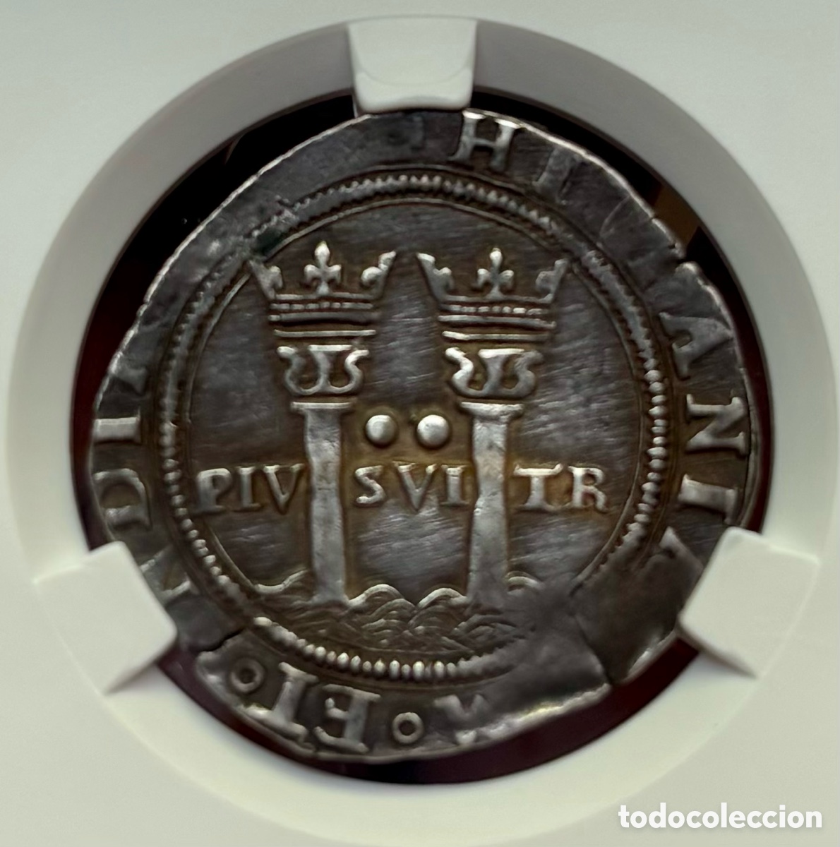 Coins of Spain: Moneda PLATA 2 Reales Juana y Carlos M&eacute;xico L (1542-1555) Certificada NCV AU50