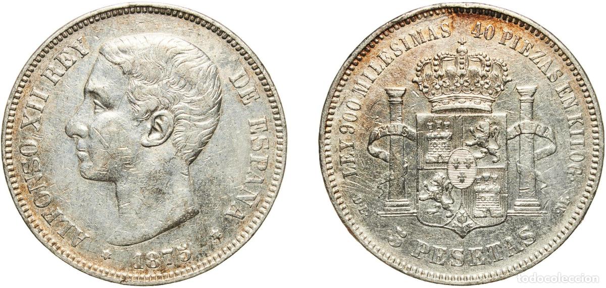 Monedas de Espa&ntilde;a: Spain Kingdom 1875 ?8-75 DEM 5 Pesetas - Alfonso XII (1st portrait;legend in edge) Silver (.900) M