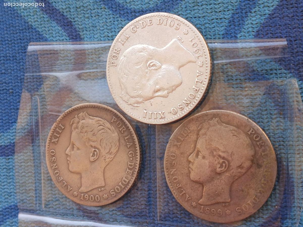 Monedas de Espa&ntilde;a: 3 pesetas antiguas de plata. 1899, 1900, 1901