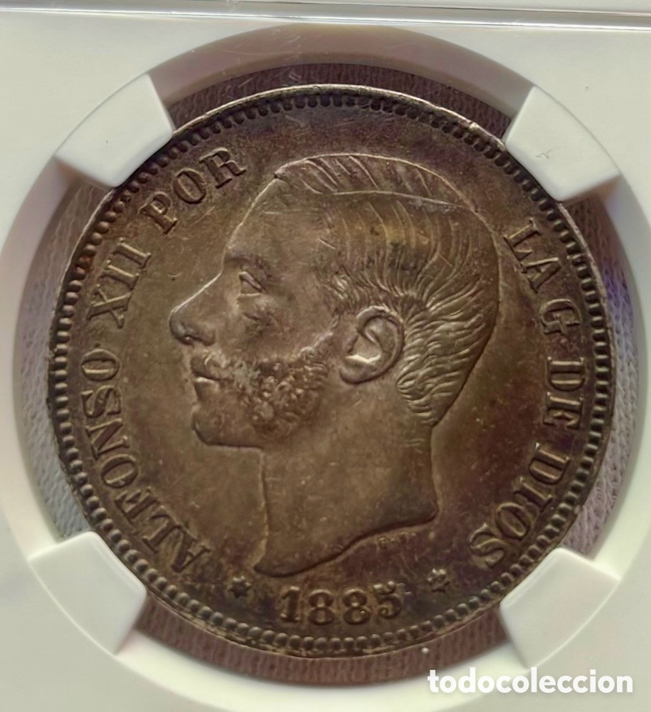 Monedas de Espa&ntilde;a: Moneda PLATA 5 Pesetas 1885 *(18-85) Alfonso XII. Certificada NGC AU55