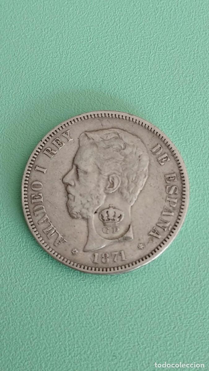Monedas de Espa&ntilde;a: Moneda de 5 Pesetas 1871 (*18-*71) - Amadeo I - Con Resello Oficial G.P. de Portugal