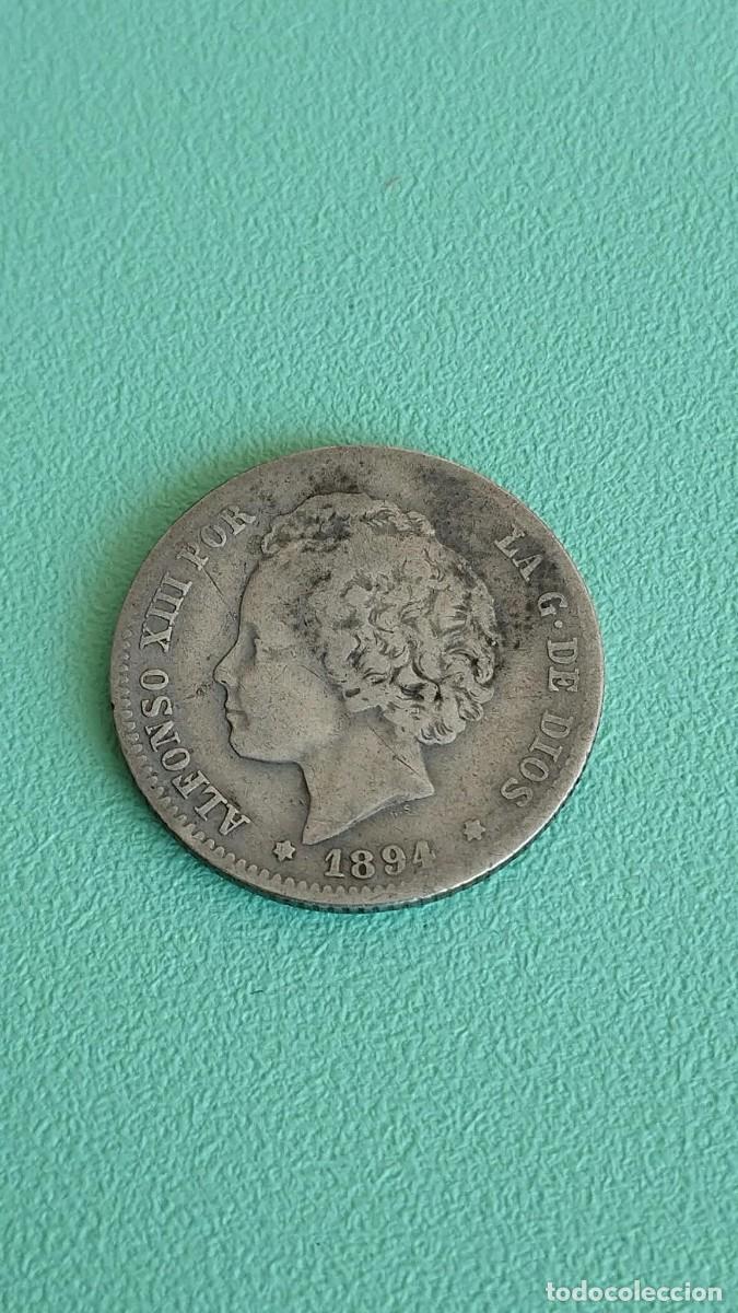 Monedas de Espa&ntilde;a: Moneda de plata - 1 Peseta 1894 - Alfonso XIII &rdquo;Rizos&rdquo; - Ensayadores PG V - Estrellas Ilegibles