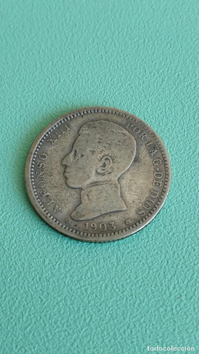 Monedas de Espa&ntilde;a: Moneda de plata - 1 Peseta 1903 - Alfonso XIII &rdquo;Cadete&rdquo; - Ensayadores SM V - Estrellas Ilegibles