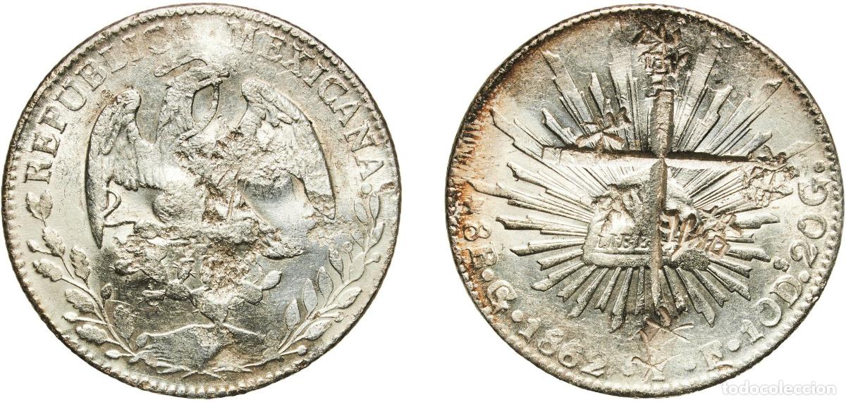 Monedas de Espa&ntilde;a: Mexico Federal Republic 1862 Go YF 8 Reales Original luster Silver (.903) Casa de Moneda de Guanaju