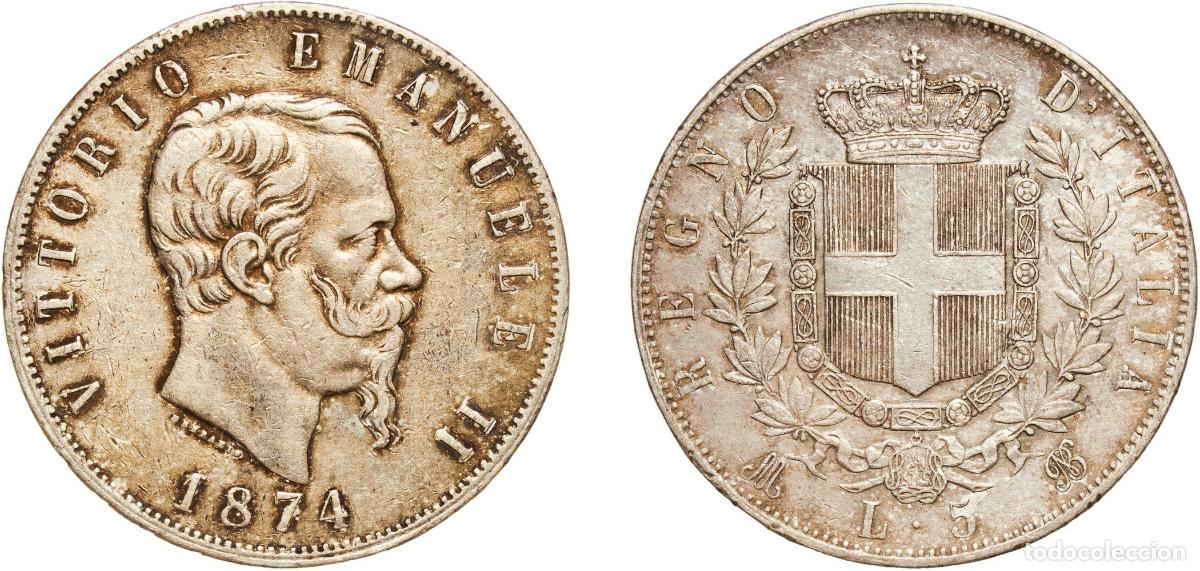 Monedas de Espa&ntilde;a: Italy Kingdom 1874 M BN 5 Lire - Victor Emmanuel II Silver (.900) Milan Mint (12000000) 25.05g XF K
