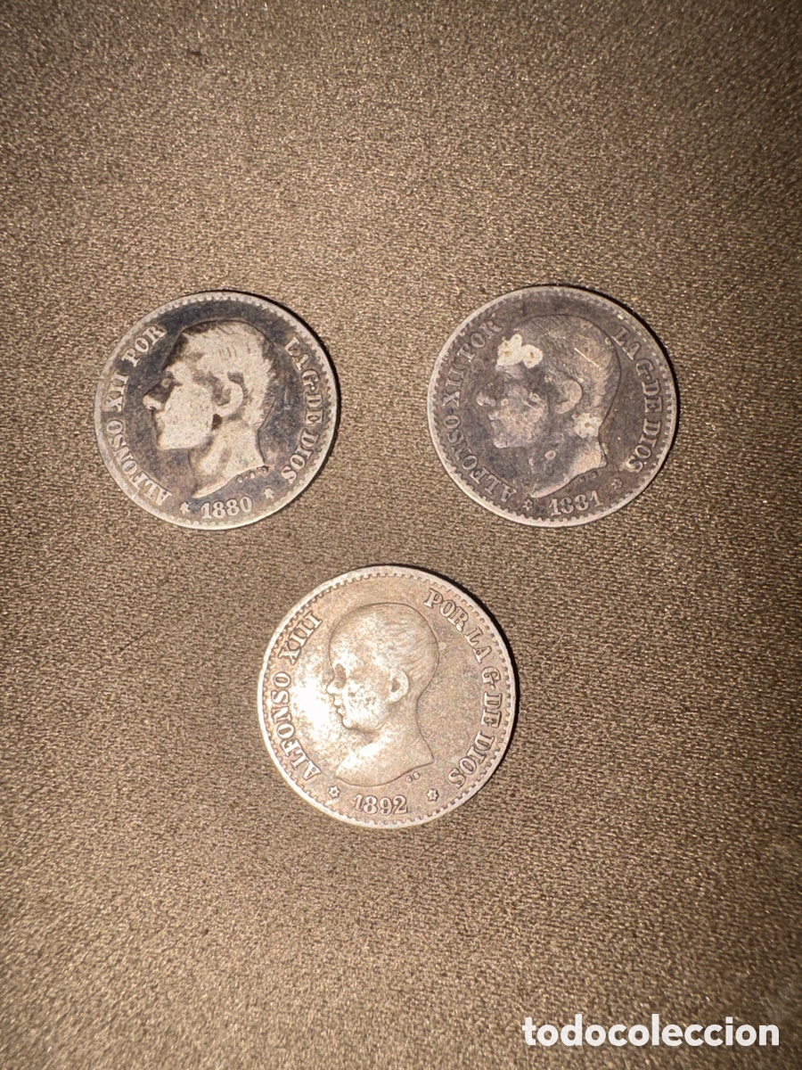 Monedas de Espa&ntilde;a: Lote de 3 monedas de 50 c&eacute;ntimos de plata,1880,1881,1892*VER FOTOS*alfonso XII y alfonso xiii