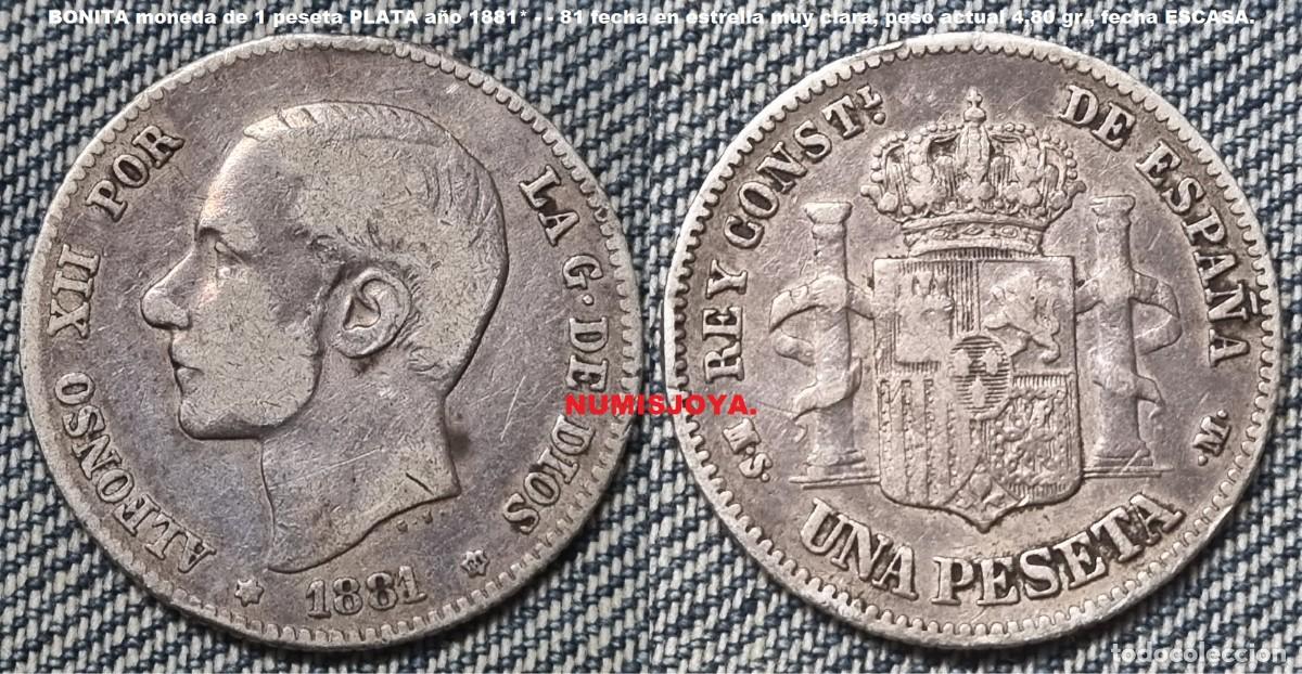 Monedas de Espa&ntilde;a: Alfonso XII moneda de 1 peseta PLATA 1881*81. Peso actual 4,80 gr. EN ESTA CONSERVACION ES DIFICIL.