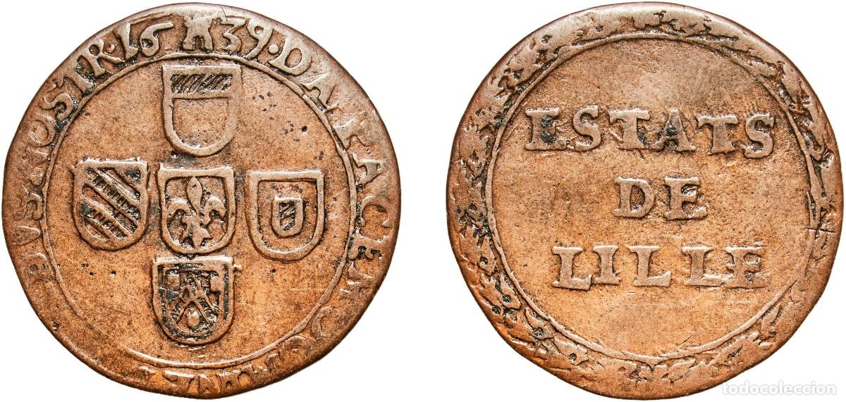 Monedas de Espa&ntilde;a: Spanish Netherlands 1636 Counter token - Philip IV Estats de Lille Copper 4.97g VF Dugniolle 3904