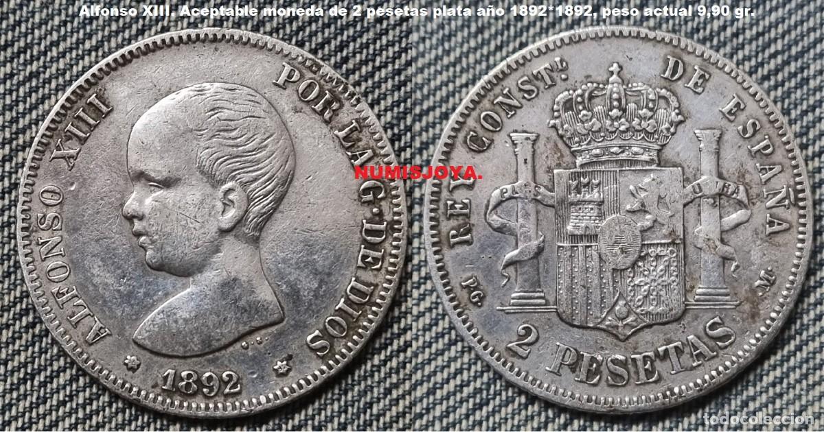 Monedas de Espa&ntilde;a: ACEPTABLE moneda de 2 pesetas Plata Alfonso XIII a&ntilde;o 1892*1892. Peso 9,90 gr.