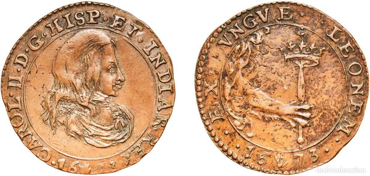 Monedas de Espa&ntilde;a: Spanish Netherlands 1673 Token - Declaration of War on France - Charles II of Spain Copper Antwerp