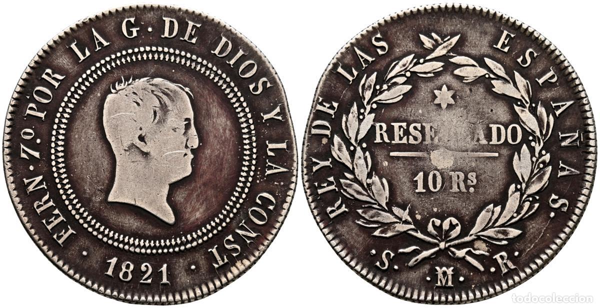 Moedas de Espanha: FERNANDO VII (1808-1833). 10 Reales. (Ar. 12,51g/33mm). 1821. Madrid SR. (Cal-2019-1088). MBC-.. FER