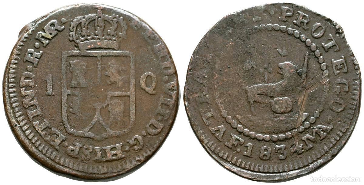 Moedas de Espanha: FERNANDO VII (1808-1833). 1 Cuarto. (Ae. 4,80g/21mm). 1834. Manila. (Cal-2019-99). Tipo p&oacute;stumo, del