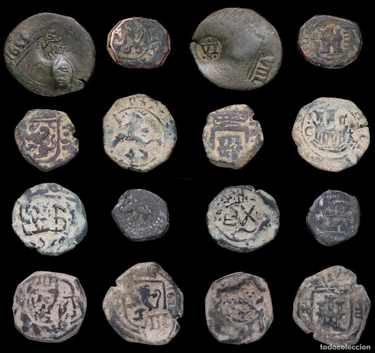 Monedas de Espa&ntilde;a: 17th-Century Spanish Copper Counterstamps (Spanish Cob), 8 Coins Lot