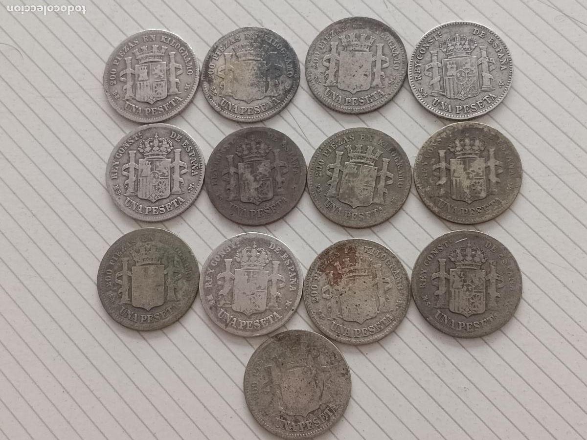 Monedas de Espa&ntilde;a: 13 monedas de 1 peseta de plata. Arras - Foto 2