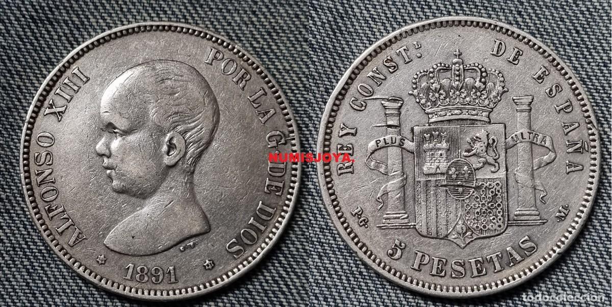 Monedas de Espa&ntilde;a: 5 Pesetas Plata a&ntilde;o 1891* 1891 PGM. Peso 25,08 gr.