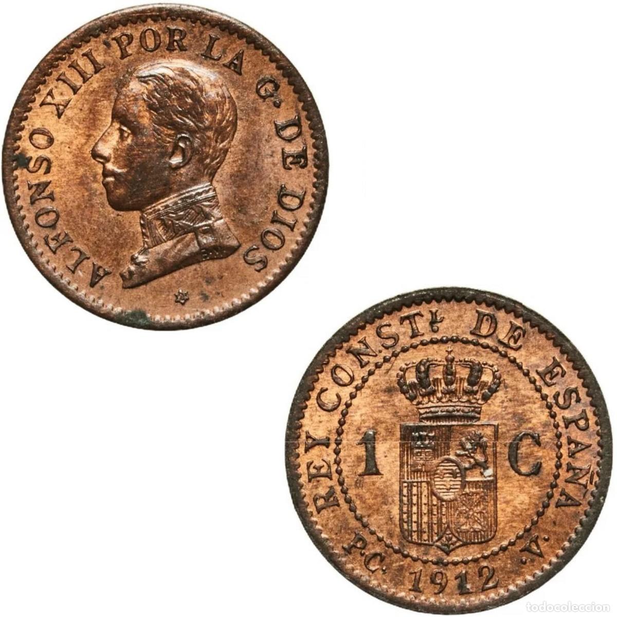 M&uuml;nzen von Spanien: *GUTSE*763-ALFONSO XIII, 1 C&Eacute;NTIMO 1912*2, BRILLO ORIGINAL, SIN CIRCULAR.