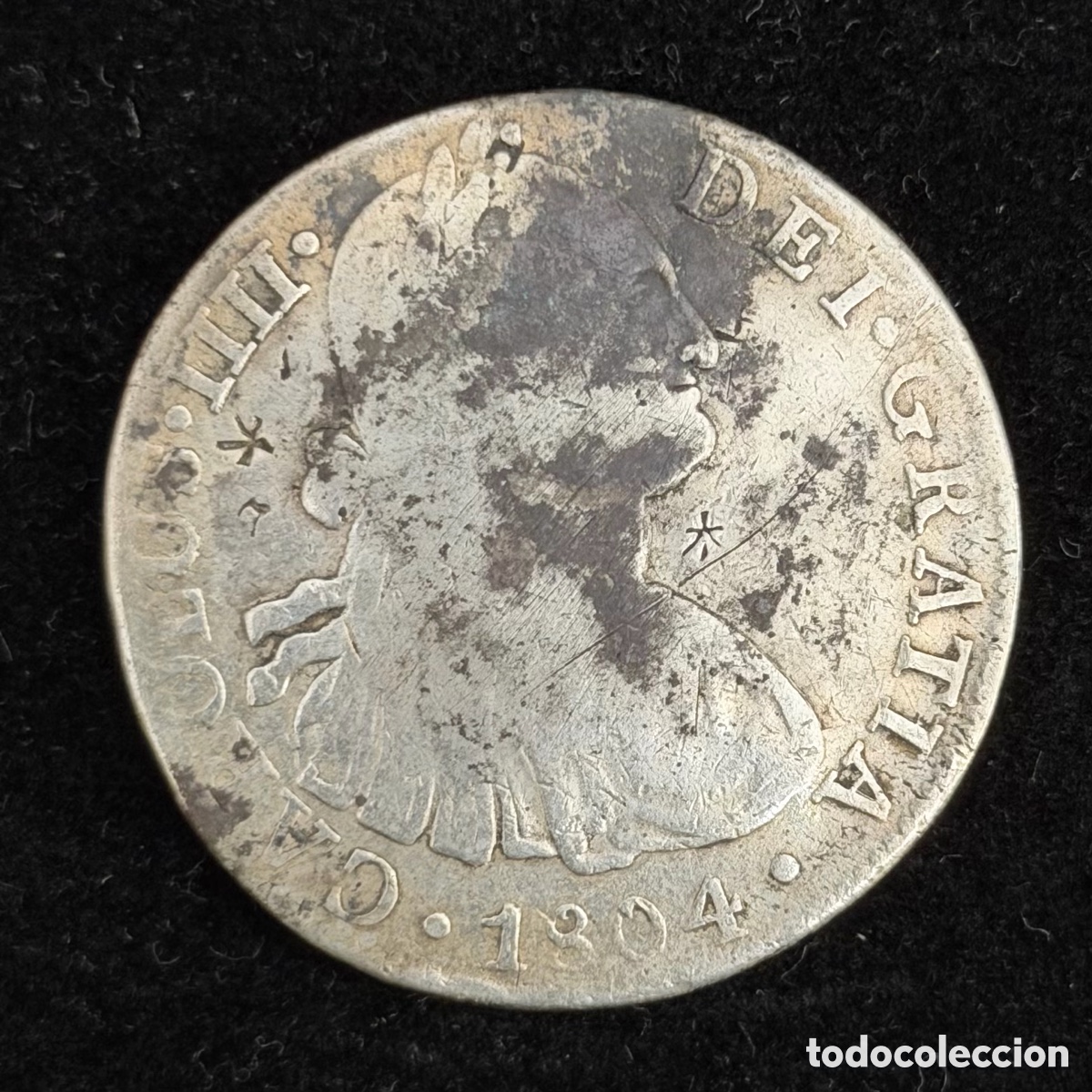 Monedas de Espa&ntilde;a: 8 reales Carlos IIII 1804 M&eacute;xico TH contramarcas chinas