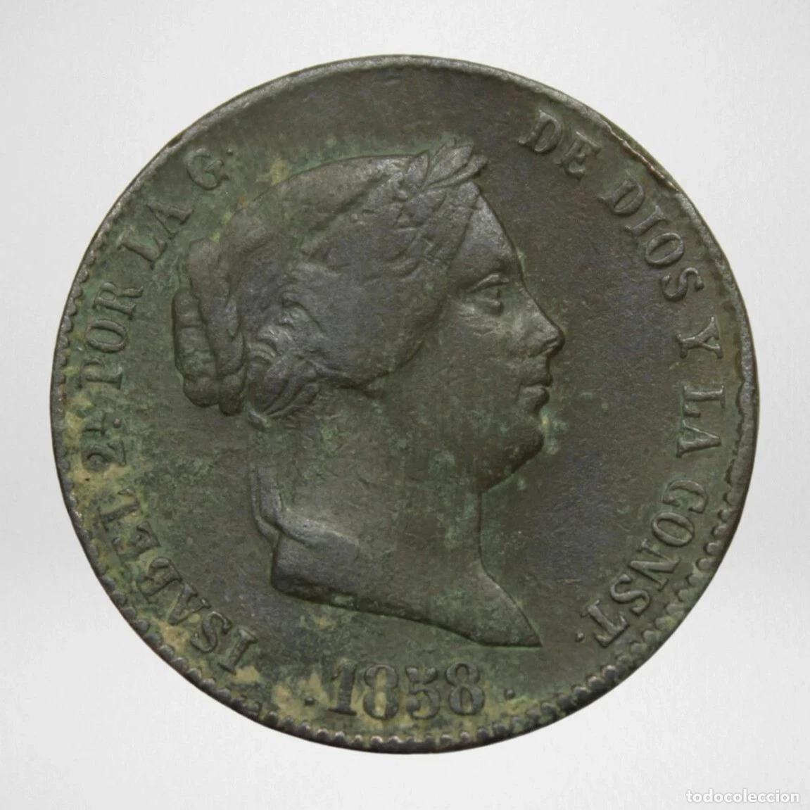 Monedas de Espa&ntilde;a: 25 C&eacute;ntimos de Real Isabel II 1858 Segovia Cobre Cuartillo Moneda Espa&ntilde;a