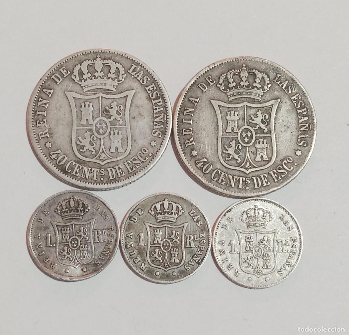 Monedas de Espa&ntilde;a: 40 c&eacute;ntimos escudo y 1 real Isabel II - Foto 2