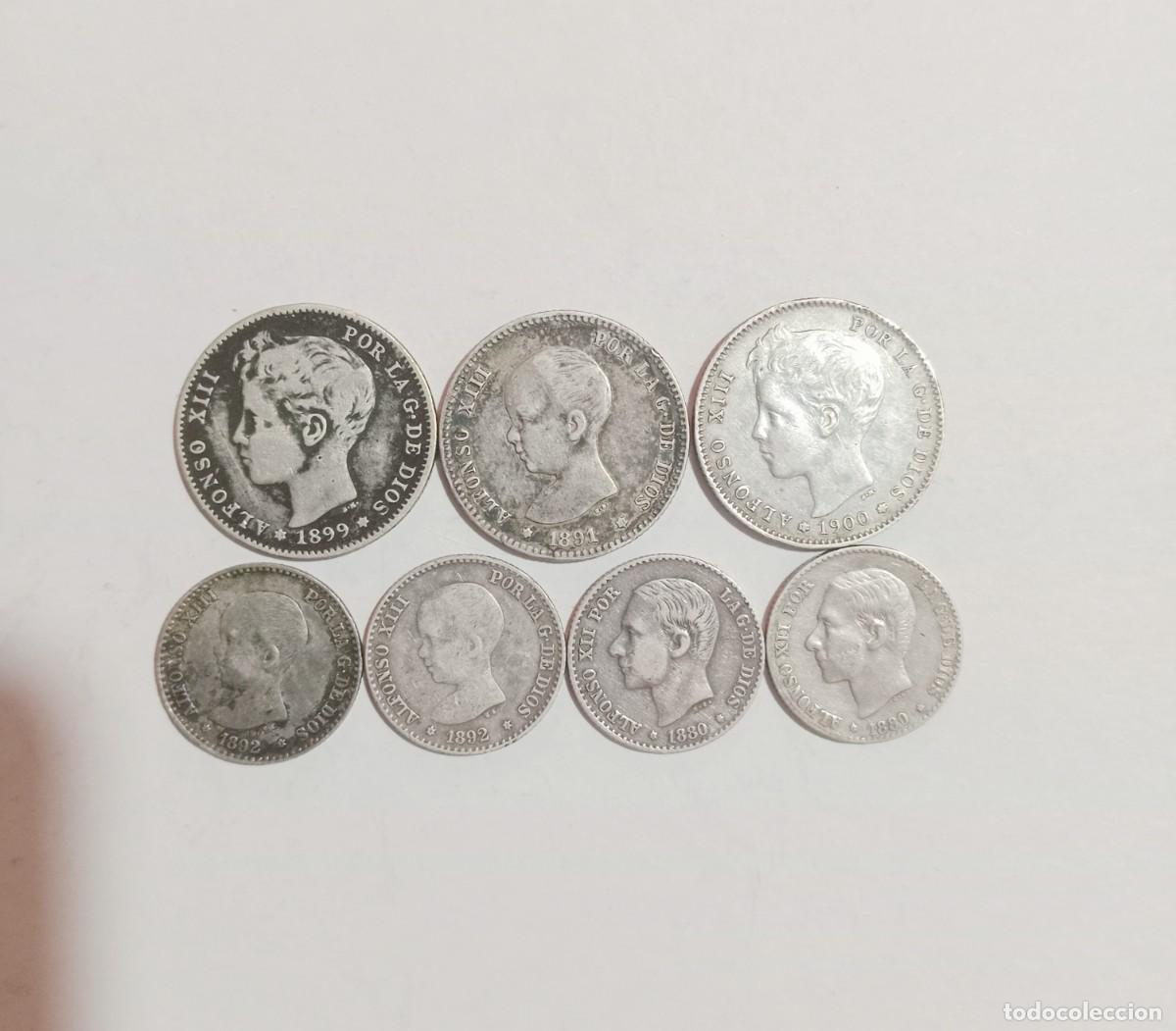 Monedas de Espa&ntilde;a: 1 peseta (3) y 50 c&eacute;ntimos, Alfonso XII Plata