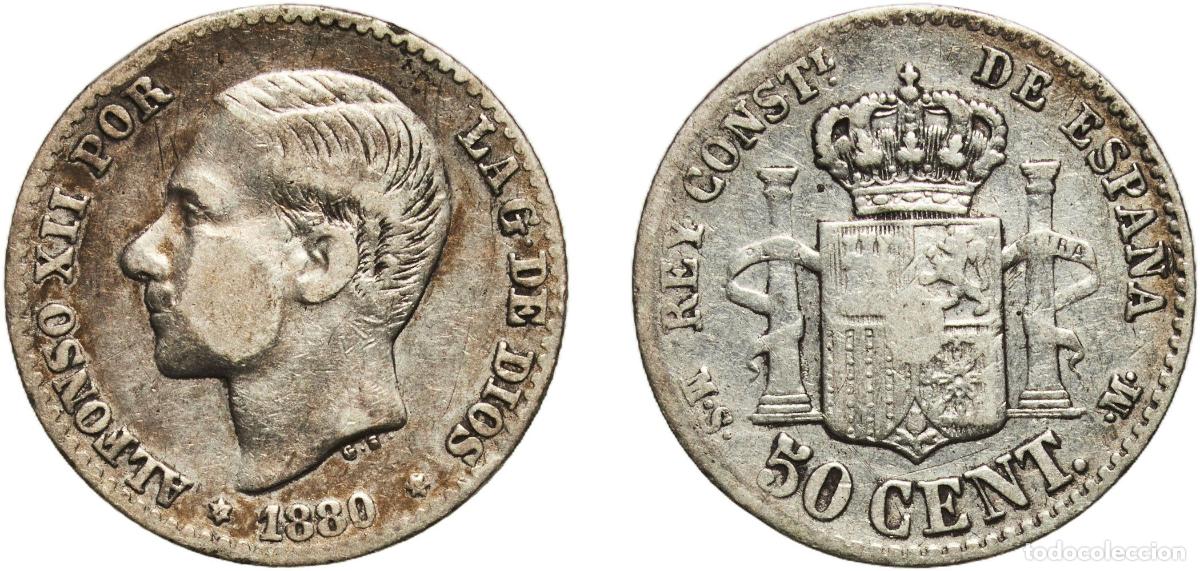 Monedas de Espa&ntilde;a: Spain Kingdom 1880 8-0 MSM 50 Centimos - Alfonso XII Silver (.835) Madrid Mint (2787000) 2.45g Cal